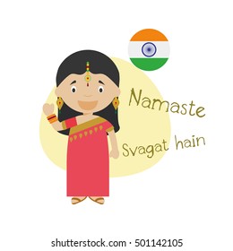 Vector illustration of cartoon characters saying hello and welcome in Hindi
