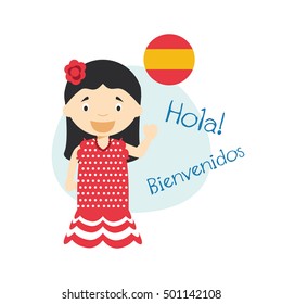 Vector illustration of cartoon characters saying hello and welcome in Spanish
