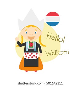 Vector illustration of cartoon characters saying hello and welcome in Dutch
