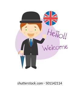 Vector illustration of cartoon characters saying hello and welcome in English