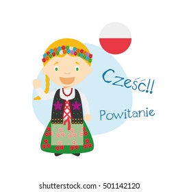 Vector illustration of cartoon characters saying hello and welcome in Polish