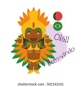 Vector illustration of cartoon characters saying hello and welcome in Portuguese
