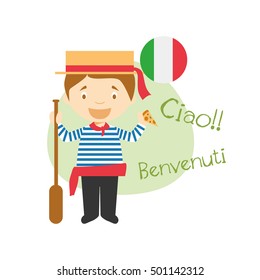 Vector illustration of cartoon characters saying hello and welcome in Italian