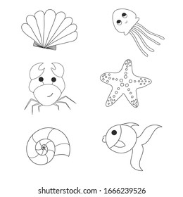  Ilustración vectorial. Personajes de caricatura. Conjunto de habitantes del mundo submarino sobre un fondo blanco aislado. Diseño del tatuaje infantil, coloreado, impresión de ropa.
