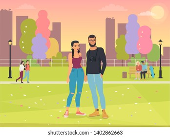 Vector illustration of cartoon characters in spring park.
