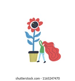 Vector illustration with cartoon characters taking care of a plant. Small woman and giant flower - gardening concept. 