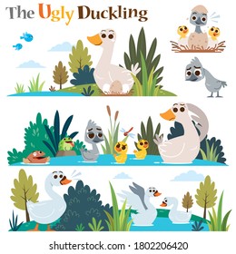 Vector Illustration of Cartoon characters The ugly duckling. Children's Fairy tale.