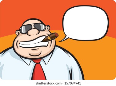 Vector illustration of cartoon cheerful boss with speech bubble. Easy-edit layered vector EPS10 file scalable to any size without quality loss. High resolution raster JPG file is included.