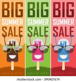 Vector illustration. Cartoon cheerful multicolor ice cream in sunglasses is holding the word sale. Colorful, creative and modern character for advertising, poster, banner, web and flyer.