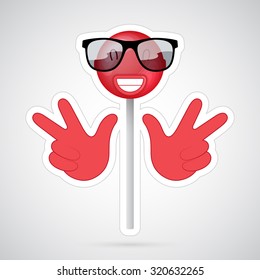 Vector illustration. Cartoon cheerful red lollipop with sunglasses. Colorful, creative and modern character for advertising, poster, banner, web and flyer.