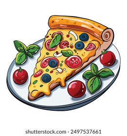 Vector Illustration of Cartoon cheesy pepperoni pizza slice