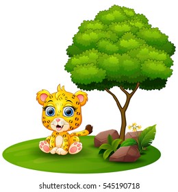 Vector illustration of Cartoon cheetah sitting under a tree on a white background