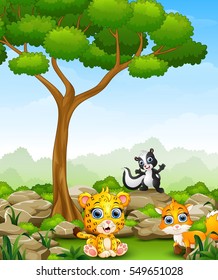 Vector illustration of Cartoon cheetah with skunk and fox in the jungle