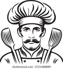 Ilustração vetorial de um personagem de chefe de desenho animado usando um chapéu branco e uniforme segurando um garfo e faca para um ícone de design de cozinha de restaurante ou símbolo de profissão de culinária