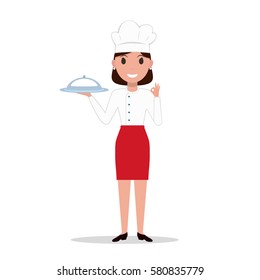 Vector illustration cartoon chef cook woman. Isolated white background. Female chef in a restaurant with a tray, dish. Flat style. 