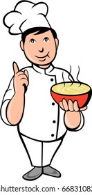 vector  illustration of a Cartoon Chef cook with bowl of soup with hand extended saying number one.