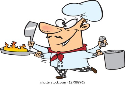 A vector illustration of cartoon chef with four arms preparing a meal