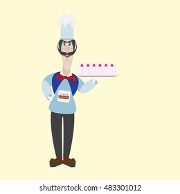 Vector Illustration of a Cartoon Chef with a fruit cake with raspberry and cream. It can be used for cooking menu, recipe, card.