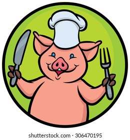 Vector illustration of Cartoon chef pig with fork and knife