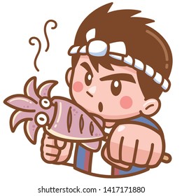 Vector illustration of Cartoon Chef presenting food grill squid