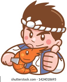 Vector illustration of Cartoon Chef presenting food grill shrimp