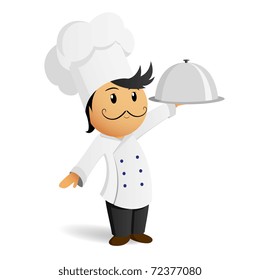 Vector illustration. Cartoon chef in white hat with dish
