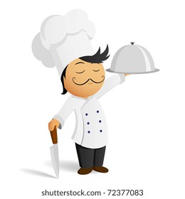 Vector illustration. Cartoon chef in white hat with knife and dish