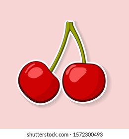
vector illustration of cartoon cherry on a light background. Cartoon sticker with white contour in comics style. Decoration for patches, emblems, prints for clothes, cards, posters.