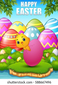 Vector illustration of Cartoon chick hatching from an egg in the woods near the river