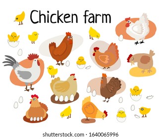 vector illustration of a cartoon chicken farm stylization. Rooster, hens and chickens in an egg. counting chickens and roosters, different poses of chickens