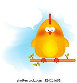 Vector illustration of a cartoon chicken with a text bubble.