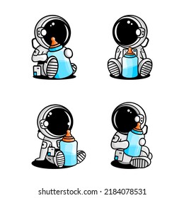 vector illustration of cartoon child astronaut holding a baby bottle with various styles