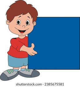 Vector illustration cartoon of child holding blank sign banner. Template for advertising.