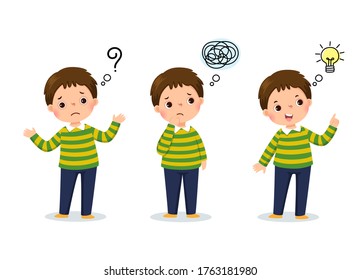 Vector Illustration Of Cartoon Child Thinking. Thoughtful Boy, Confused Boy, And Boy With Illustrated Bulb Above His Head.