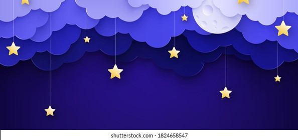 Vector illustration. Cartoon childish background with clouds and stars on strings.