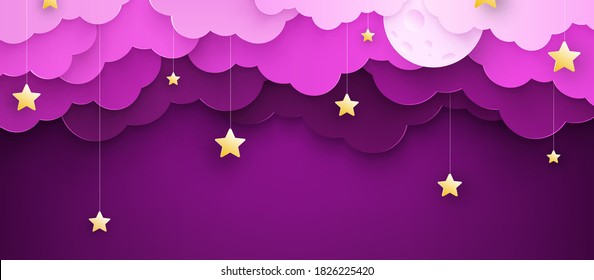 Vector illustration. Cartoon childish background with clouds and stars on strings.