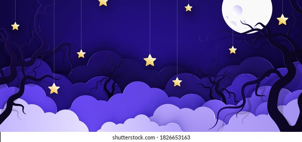 Vector illustration. Cartoon childish background with clouds and stars on strings.