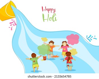 Vector Illustration Of Cartoon Children Celebrating Holi Festival Together And Color Falling From Bucket On White Background.