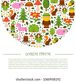 Vector illustration, cartoon children magic forest background. Fairy tale, fantasy, magic objects. Children vector book cover, illustration. Cartoon cute card, magic tree, forest creatures, unicorn