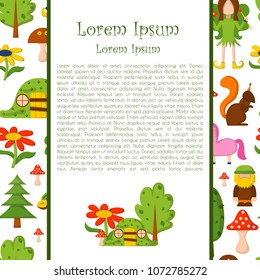 Vector illustration, cartoon children magic forest background. Fairy tale, fantasy, magic objects. Children vector book cover, illustration. Cartoon cute card, magic tree, forest creatures, unicorn