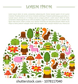 Vector illustration, cartoon children magic forest background. Fairy tale, fantasy, magic objects. Children vector book cover, illustration. Cartoon cute card, magic tree, forest creatures, unicorn