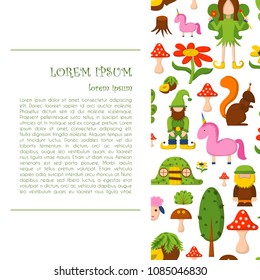 Vector illustration, cartoon children magic forest background. Fairy tale, fantasy, magic objects. Children vector book cover, illustration. Cartoon cute card, magic tree, forest creatures, unicorn