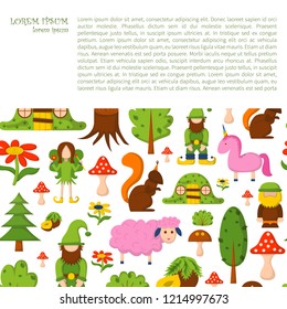 Vector illustration, cartoon children magic forest background. Fairy tale, fantasy, magic objects. Children vector book cover, illustration. Cartoon cute card, magic tree, forest creatures, unicorn