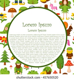 Vector illustration, cartoon children magic forest background. Fairy tale, fantasy, magic objects. Children vector book cover, illustration. Cartoon cute card, magic tree, forest creatures, unicorn