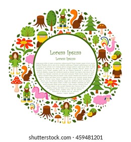 Vector illustration, cartoon children magic forest background. Fairy tale, fantasy, magic objects. Children vector book cover, illustration. Cartoon cute card, magic tree, forest creatures, unicorn