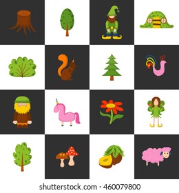 Vector illustration, cartoon children magic forest icons. Fairy tale, fantasy, magic objects. Children vector book cover, illustration. Cartoon cute card, magic tree, forest creatures, unicorn