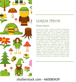 Vector illustration, cartoon children magic forest background. Fairy tale, fantasy, magic objects. Children vector book cover, illustration. Cartoon cute card, magic tree, forest creatures, unicorn