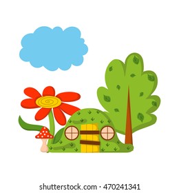 Vector illustration, cartoon children magic forest background. Fairy tale, fantasy, magic objects. Children vector book cover, illustration. Cartoon cute card, magic tree, forest creatures, mushroom