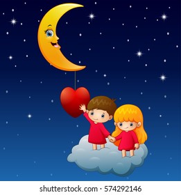 Vector illustration of Cartoon children on the cloud with a heart and moon