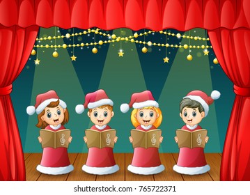 Vector illustration of Cartoon children in red santa costume singing christmas carols on the stage